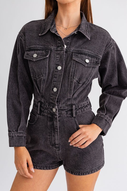 Long Sleeve Denim Romper Posh Apparel