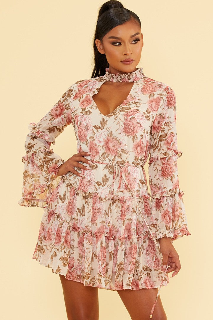high neck pink floral dress Pink Tall Trailing Floral Woven High Neck Mini Dress